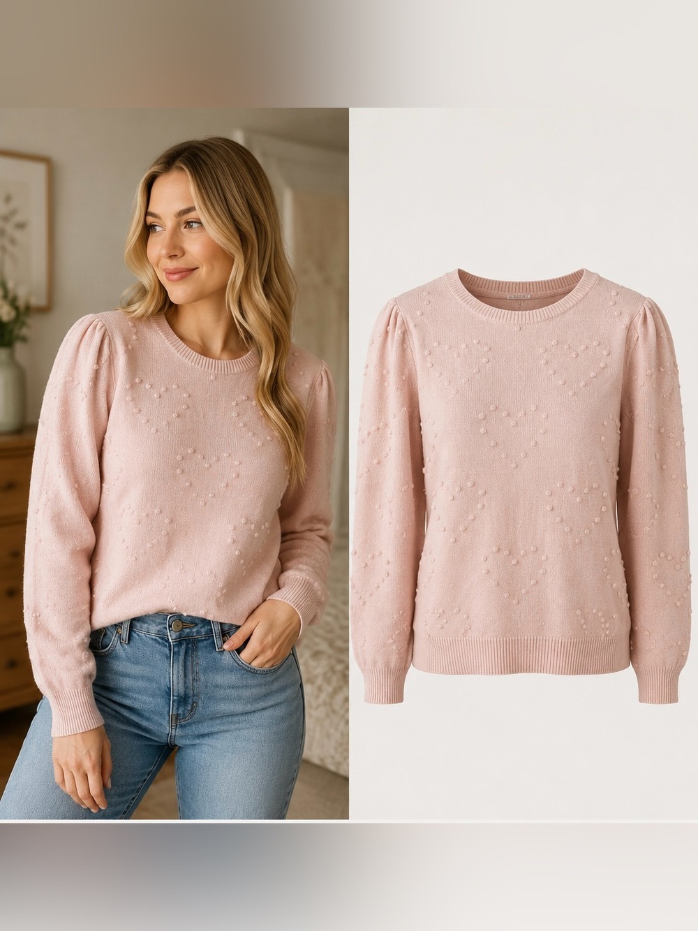 Kathy Ireland | Pink Swiss Dot Heart Sweater | Puff Sleeve Knit | XL